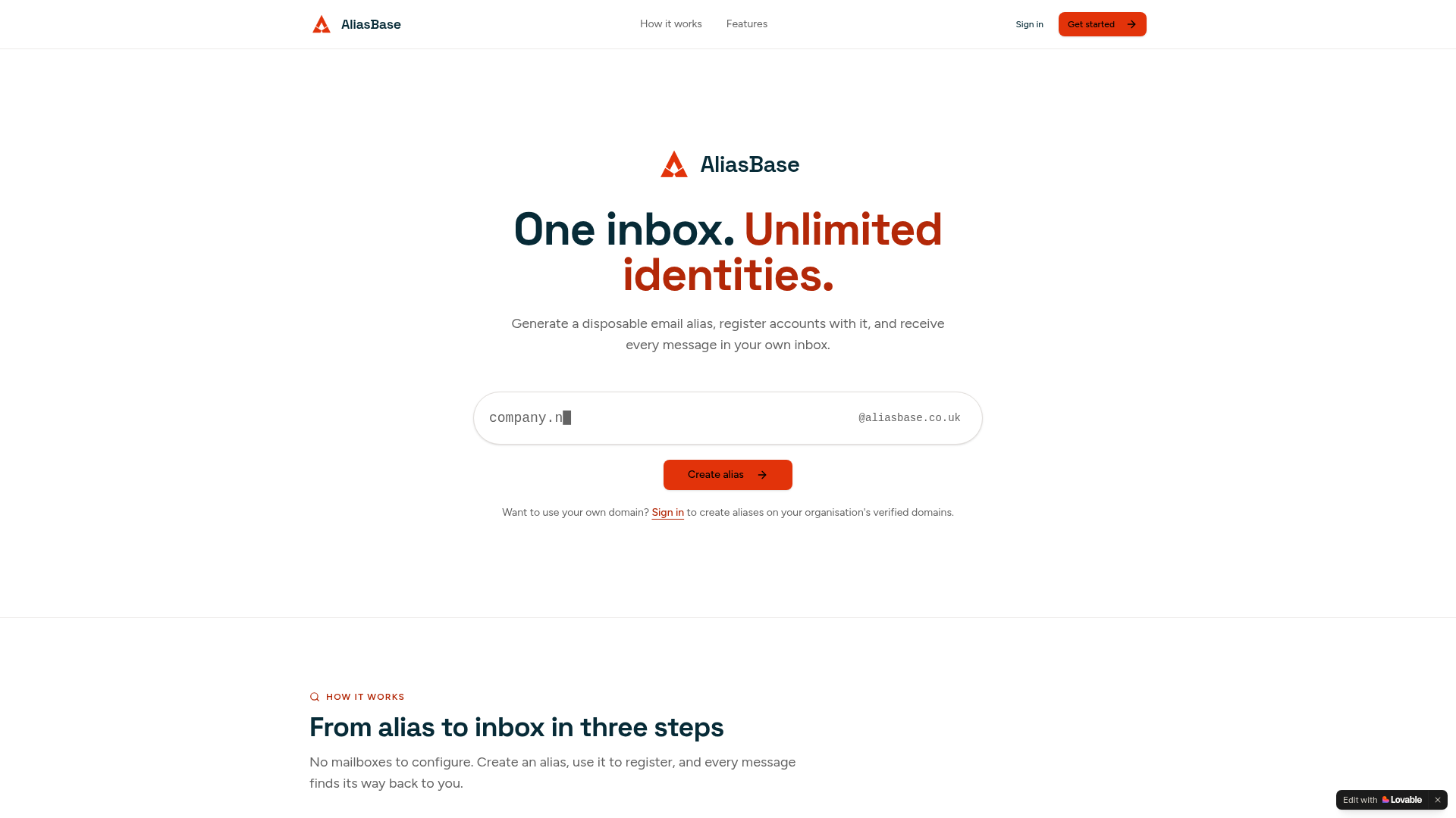 AliasBase disposable email alias service homepage