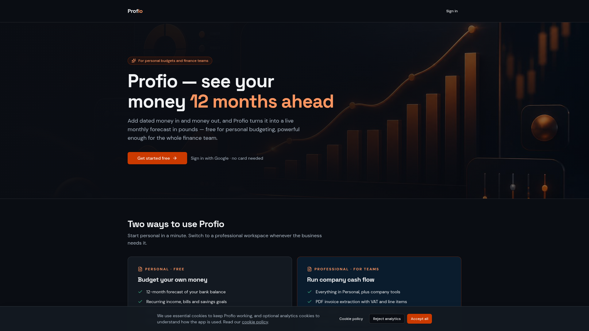 Profio cash flow forecasting web app homepage